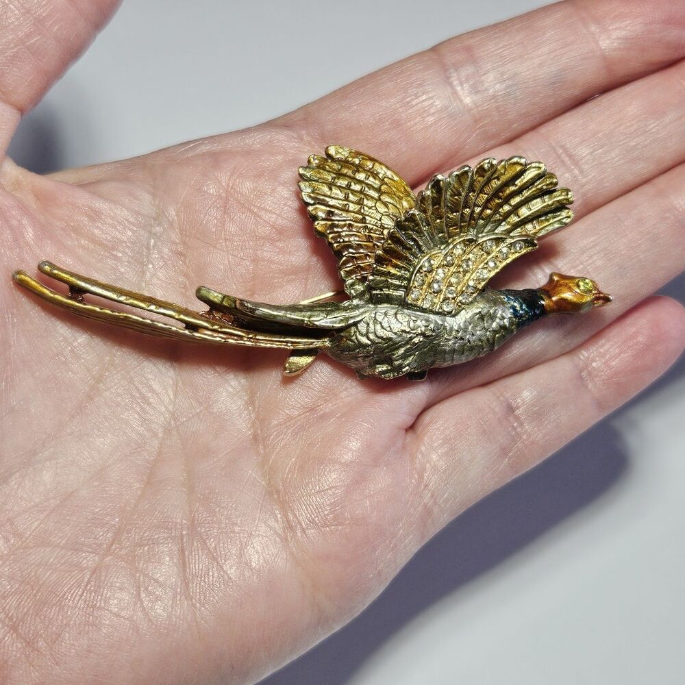 Vintage Flying Pheasant Pin Brooch Gold Tone Enamel Rhinestone Accents